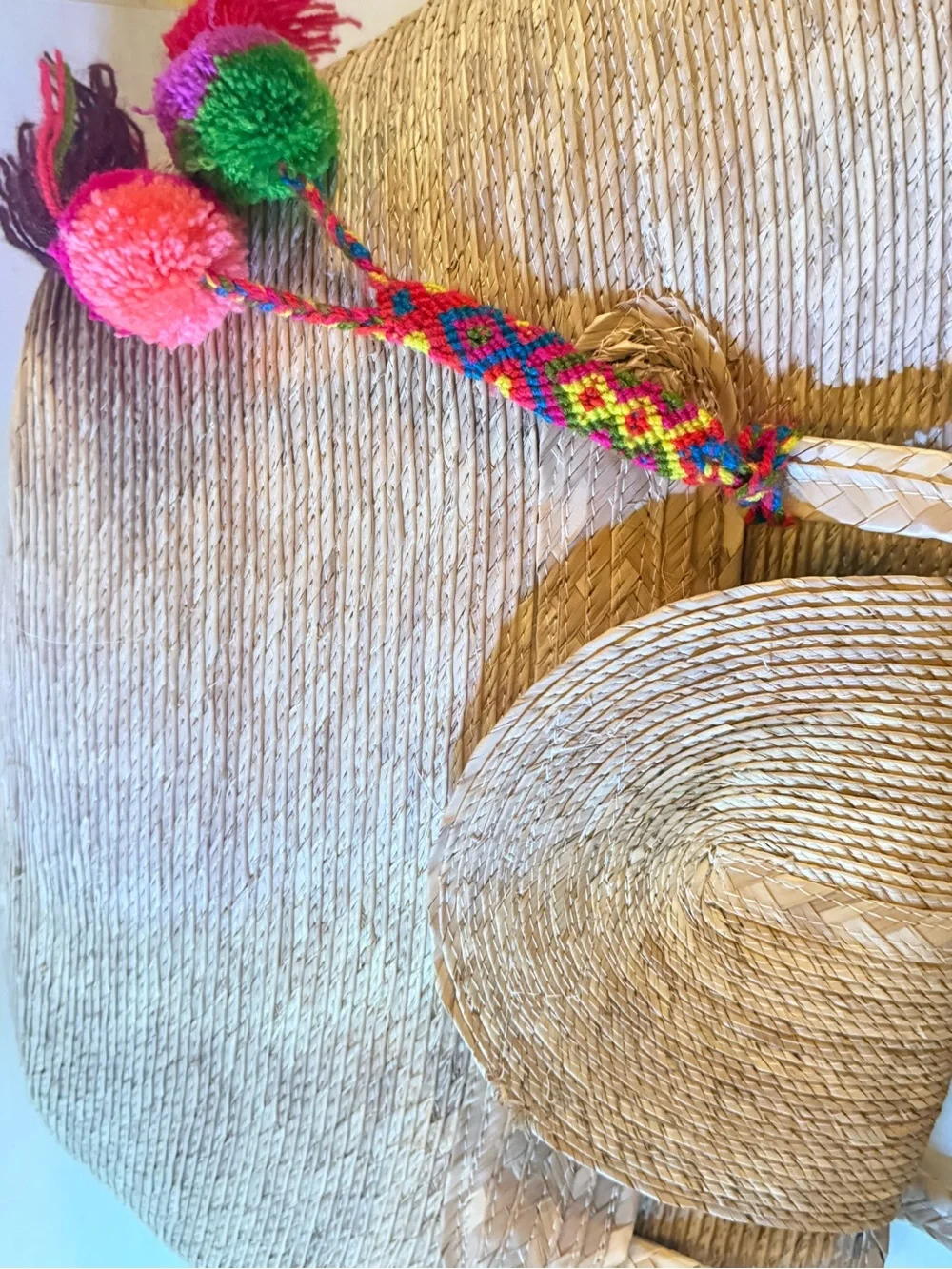 Handwoven Straw Tote Bag with Colorful Pom Pom Charm - Natural
